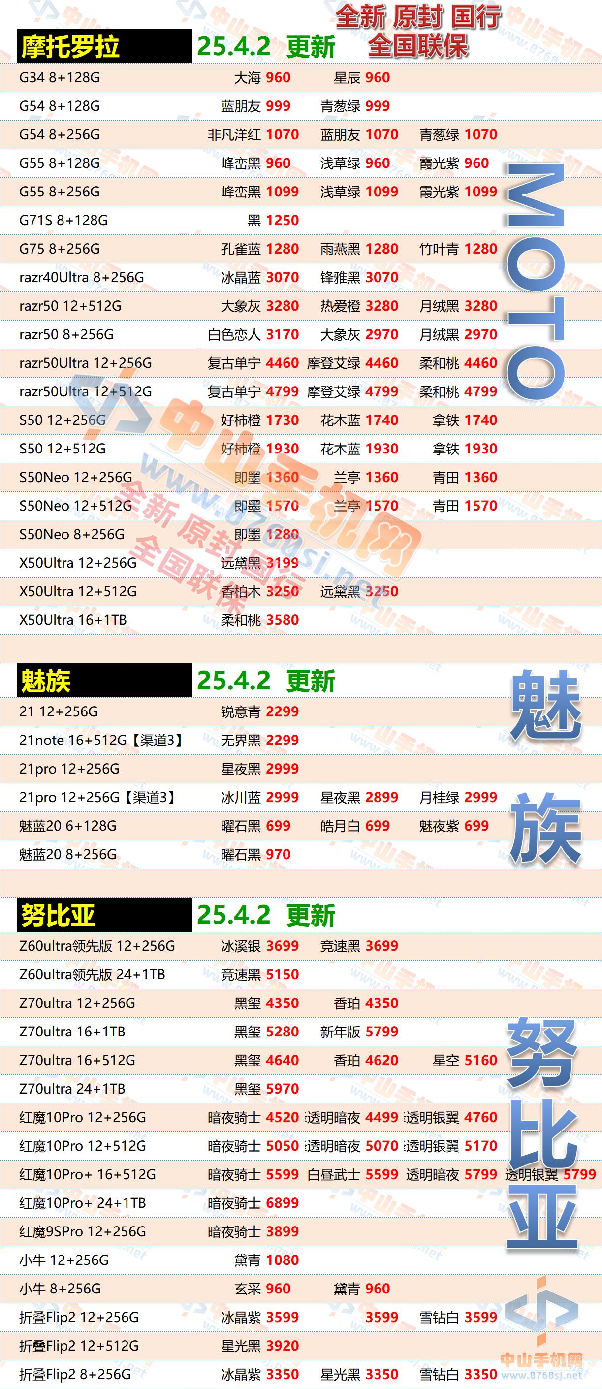 中山手机网一加手机、努比亚手机、摩托罗拉手机最新报价表